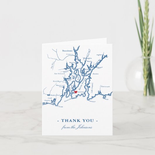 Newport Rhode Island Map met Heart Navy Wedding Bedankkaart (Voorkant)