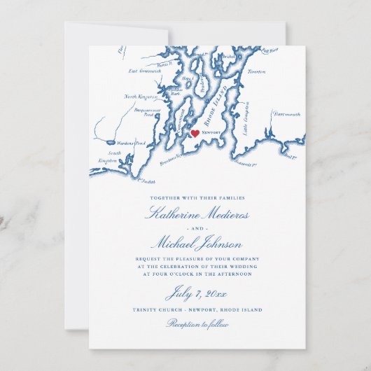 Newport Rhode Island Map Navy Wedding Invitation Kaart (Voorkant)