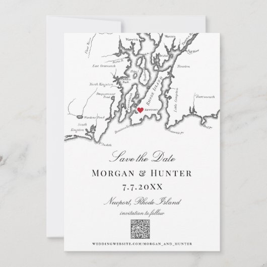 Newport RI Kaart Zwart en Wit Elegante QR code (Voorkant)