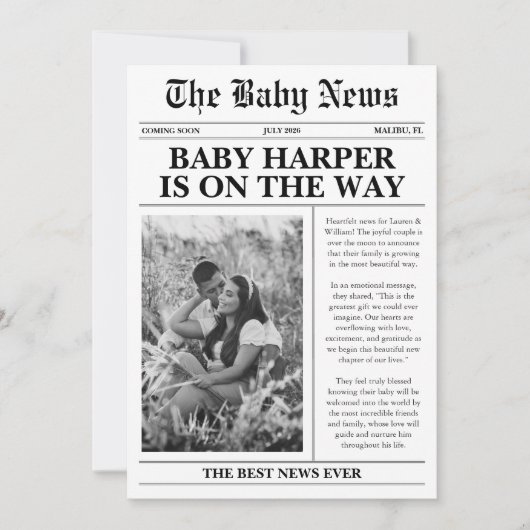 Newspaper Baby Expecting Pregnancy Announcement Kaart (Voorkant)
