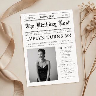 Newspaper Black and White Fun Photo 30th Birthday Kaart