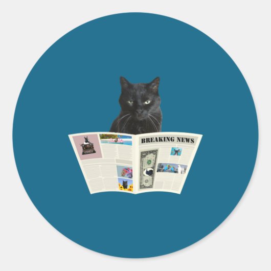 Newspaper Breaking News Black Cat Au Journal _1  Ronde Sticker (Voorkant)