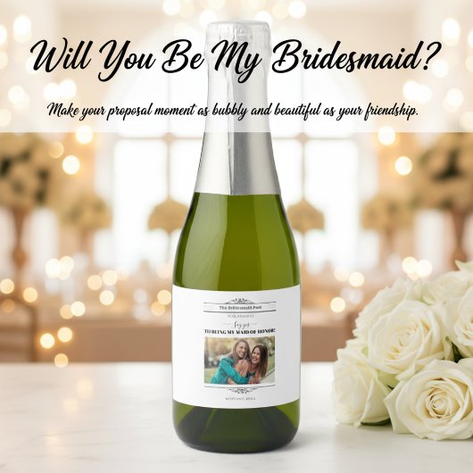 Newspaper Bridesmaid Proposal Retro Script Font Sparkling Wijnetiket