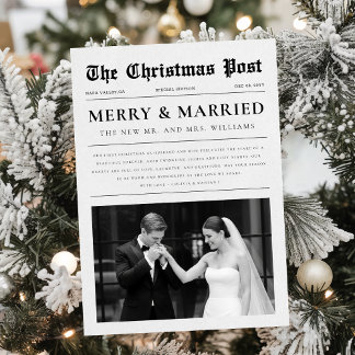 Newspaper Christmas Black and White Newlywed Photo Feestdagenkaart