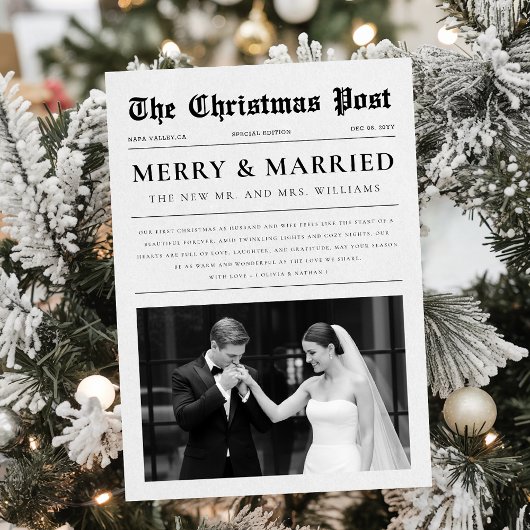 Newspaper Christmas Black and White Newlywed Photo Feestdagenkaart