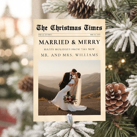 Newspaper Just Married & Merry Photo Christmas Feestdagenkaart