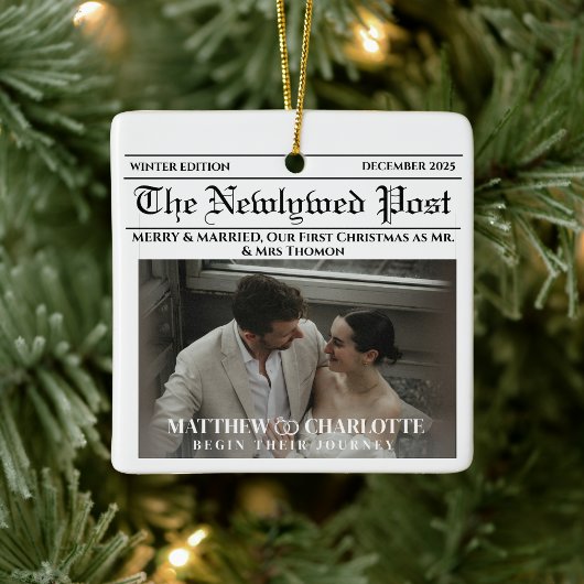 Newspaper Merry and Married Holiday Accents Photo Keramisch Ornament
