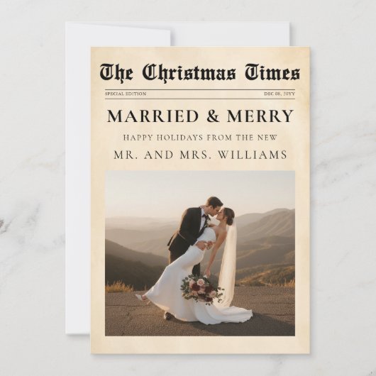 Newspaper Merry & Married Newlywed Photo Christmas Feestdagenkaart (Voorkant)