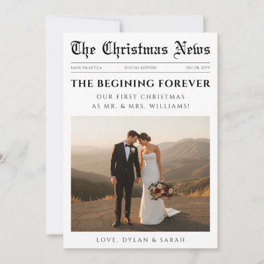 Newspaper Modern Newlywed Wedding Photo Christmas Feestdagenkaart (Voorkant)