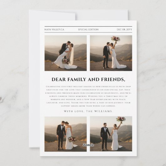 Newspaper Modern Newlywed Wedding Photo Christmas Feestdagenkaart (Achterkant)