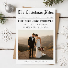 Newspaper Modern Newlywed Wedding Photo Christmas Feestdagenkaart