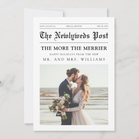 Newspaper Mr & Mrs Newlywed Couple Photo Christmas Feestdagenkaart (Voorkant)
