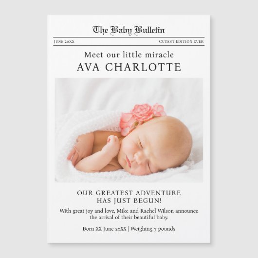 Newspaper Newborn Baby Announcement Magnetic Card (Voorkant)