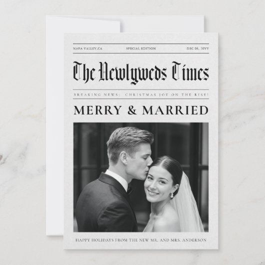 Newspaper Newlywed Black and White Photo Christmas Feestdagenkaart (Voorkant)