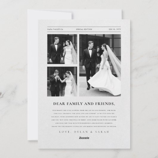 Newspaper Newlywed Black and White Photo Christmas Feestdagenkaart (Achterkant)