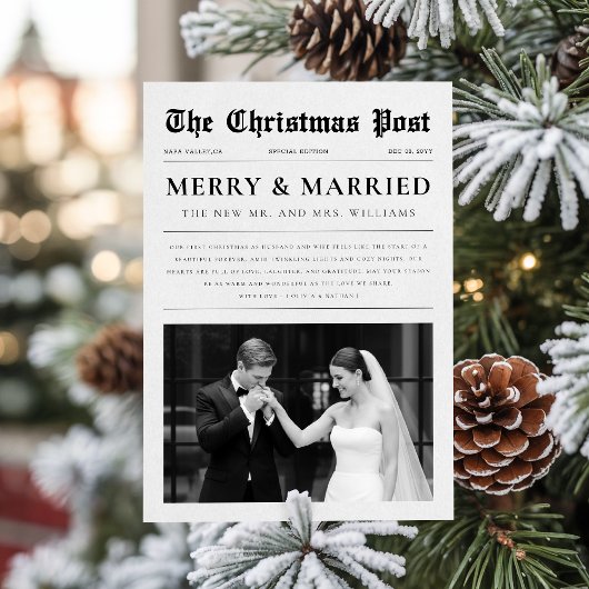 Newspaper Newlywed Black & White Photo Christmas Feestdagenkaart