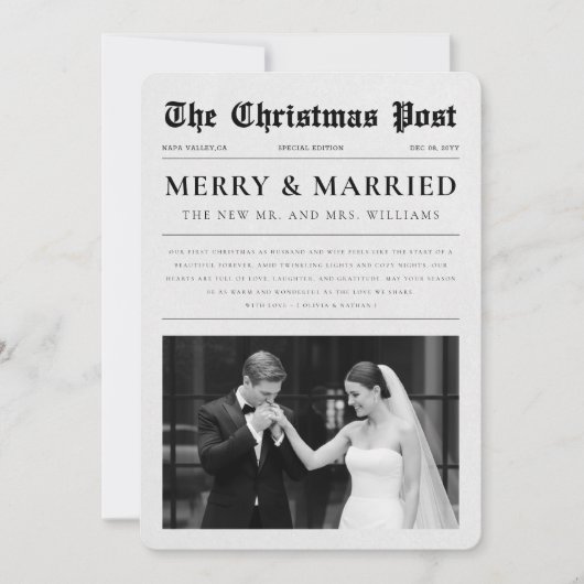 Newspaper Newlywed Black & White Photo Christmas Feestdagenkaart (Voorkant)