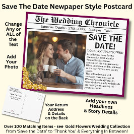 Newspaper Photo Style Save The Date, Maroon & Gold Aankondigingskaart