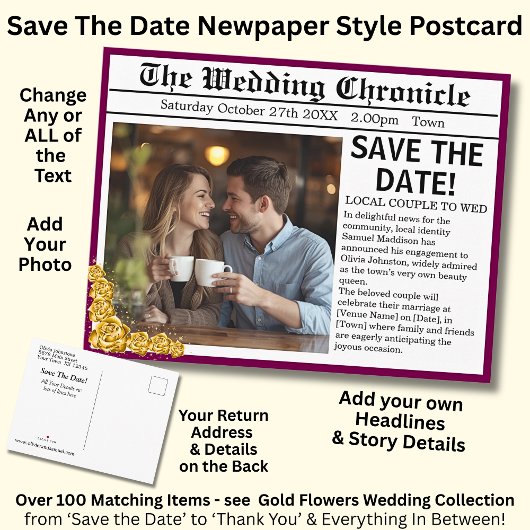 Newspaper Photo Style Save The Date, Maroon & Gold Aankondigingskaart