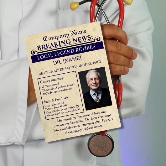 Newspaper Style Doctor Retirement Card | Custom Briefkaart