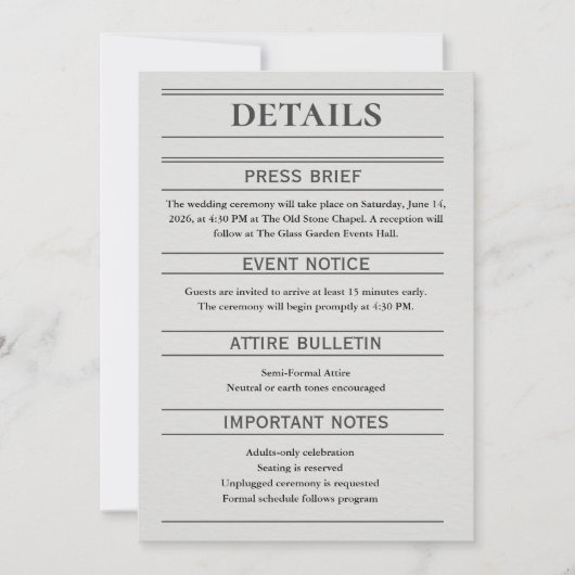 Newspaper-Style Wedding Details Card (Voorkant)