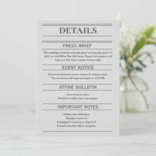 Newspaper-Style Wedding Details Card (Staand voorkant)