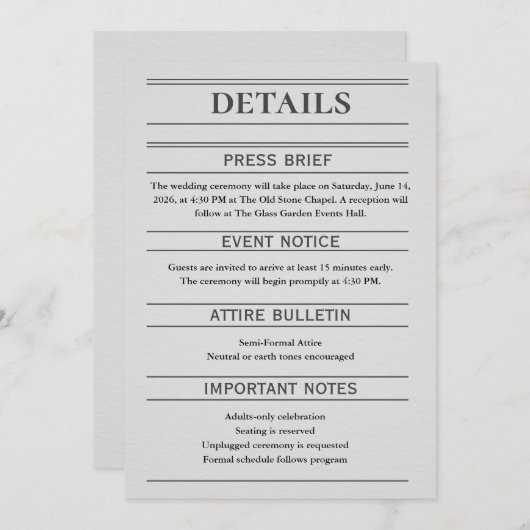 Newspaper-Style Wedding Details Card (Voorkant / Achterkant)
