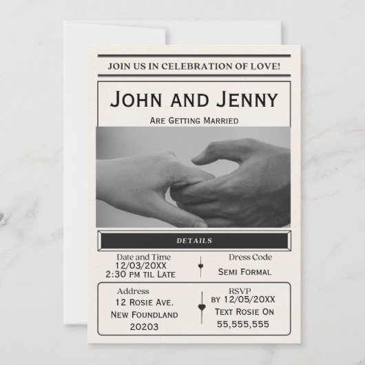 Newspaper-Style Wedding Invitation | Customisable  Kaart (Voorkant)