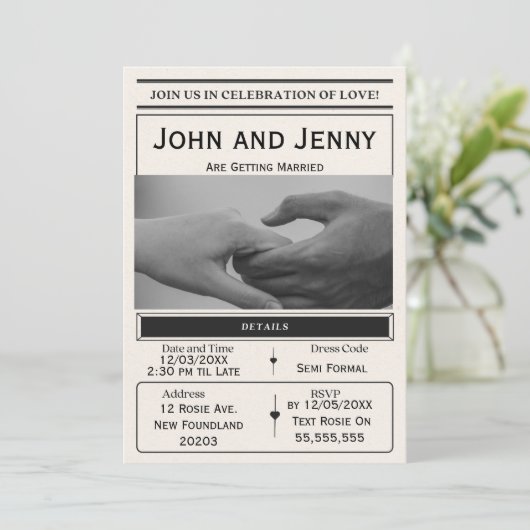 Newspaper-Style Wedding Invitation | Customisable  Kaart (Staand voorkant)