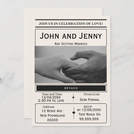 Newspaper-Style Wedding Invitation | Customisable  Kaart (Voorkant / Achterkant)