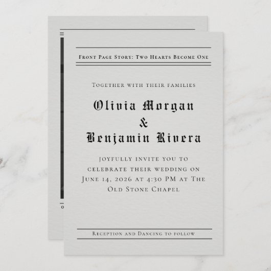Newspaper-Style Wedding Invitation Kaart (Voorkant / Achterkant)