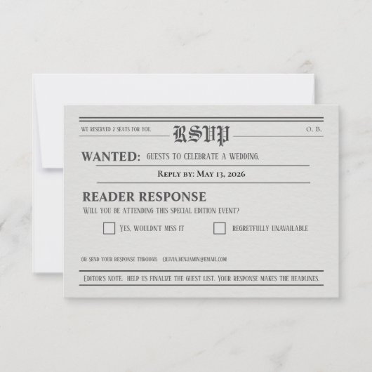 Newspaper-Style Wedding RSVP Response card (Voorkant)
