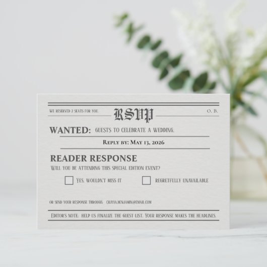 Newspaper-Style Wedding RSVP Response card (Staand voorkant)