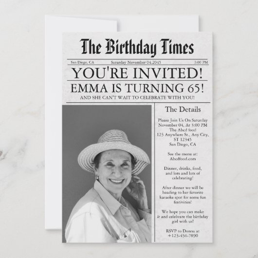 Newspaper Unique Fun 65th Birthday Photo Party Kaart (Voorkant)