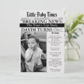 Newspaper Unique Fun Photo Boy 1st Birthday Party Kaart (Staand voorkant)