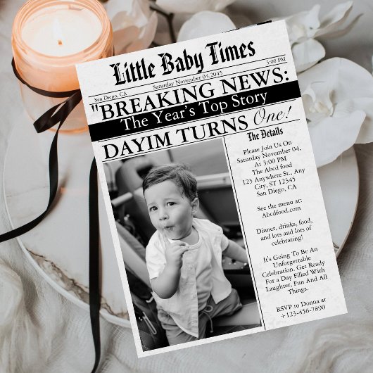 Newspaper Unique Fun Photo Boy 1st Birthday Party Kaart