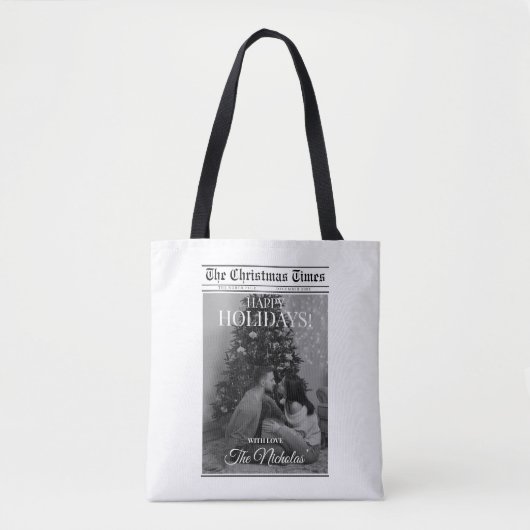 Newspaper What A Year Black White Photo Christmas Tote Bag (Voorkant)