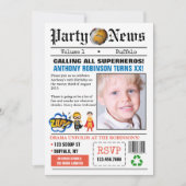 Newspapier Superheld Birthday Party foto Uitnodigi Kaart (Voorkant)