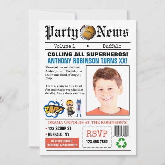 Newspapier Superheld Birthday Party foto Uitnodigi Kaart (Voorkant)