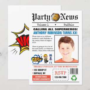 Newspapier Superheld Birthday Party foto Uitnodigi Kaart