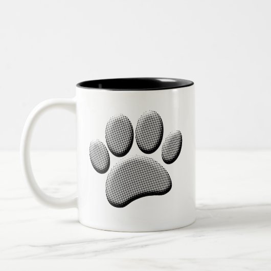 Newsprint Halftone Cartoon Dog Paw Prints Tweekleurige Koffiemok (Links)