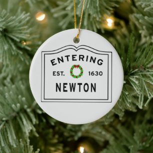 Newton, MA Holiday Wreath Ceramic Ornament