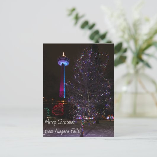 Niagara Herfsten Skylon Tower met kerstverlichting Feestdagenkaart (Staand voorkant)
