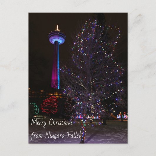 Niagara Herfsten Skylon Tower met kerstverlichting Feestdagenkaart (Voorkant)