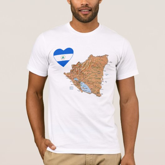 Nicaragua Flag Heart en Map T-Shirt (Voorkant)