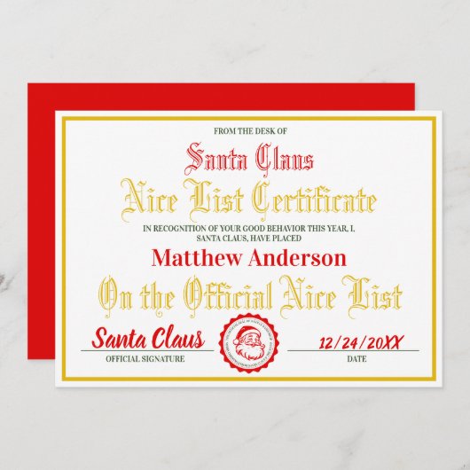 Nice List Certificaat voor Kinderen|Kerstcadeau Feestdagenkaart (Voorkant / Achterkant)