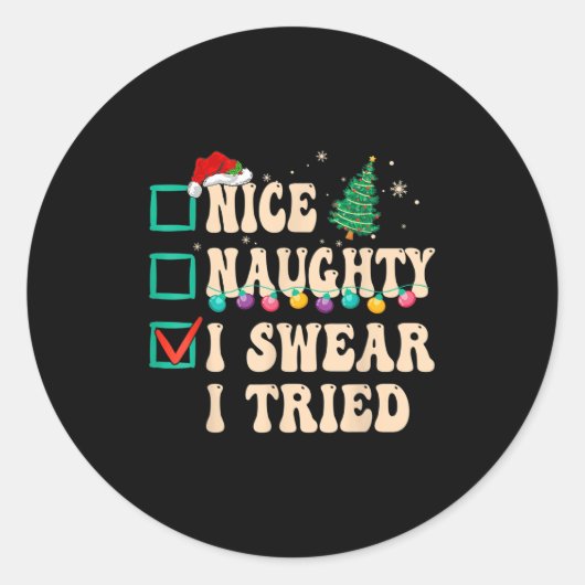 Nice Naughty I Swear I Tried, Christmas List Retro Ronde Sticker (Voorkant)