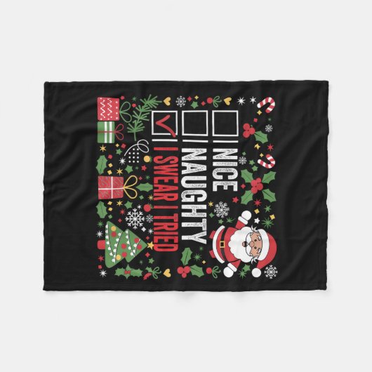 Nice Naughty I Swear I Tried Funny Christmas Santa Fleece Deken (Voorkant (Horizontaal))