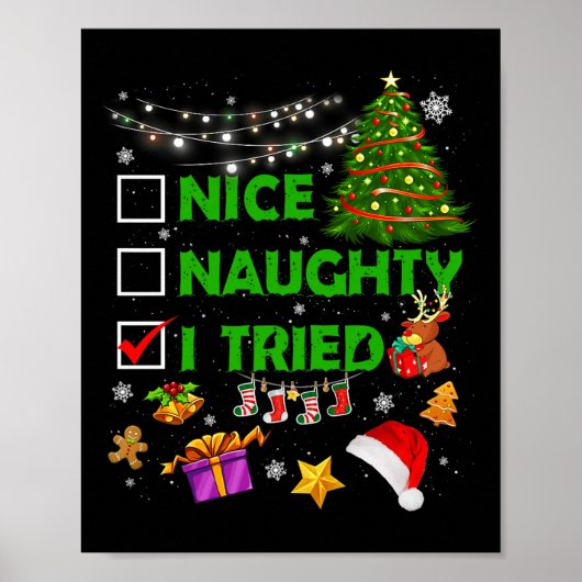 Nice Naughty I Tried Christmas Tree Light Funny Xm Poster (Voorkant)