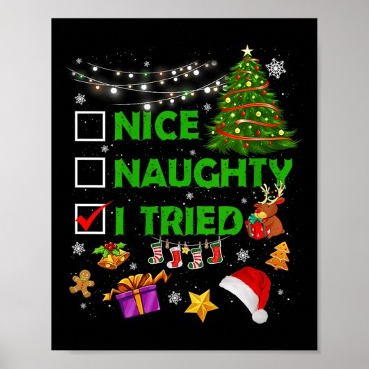 Nice Naughty I Tried Christmas Tree Light Funny Xm Poster (Voorkant)